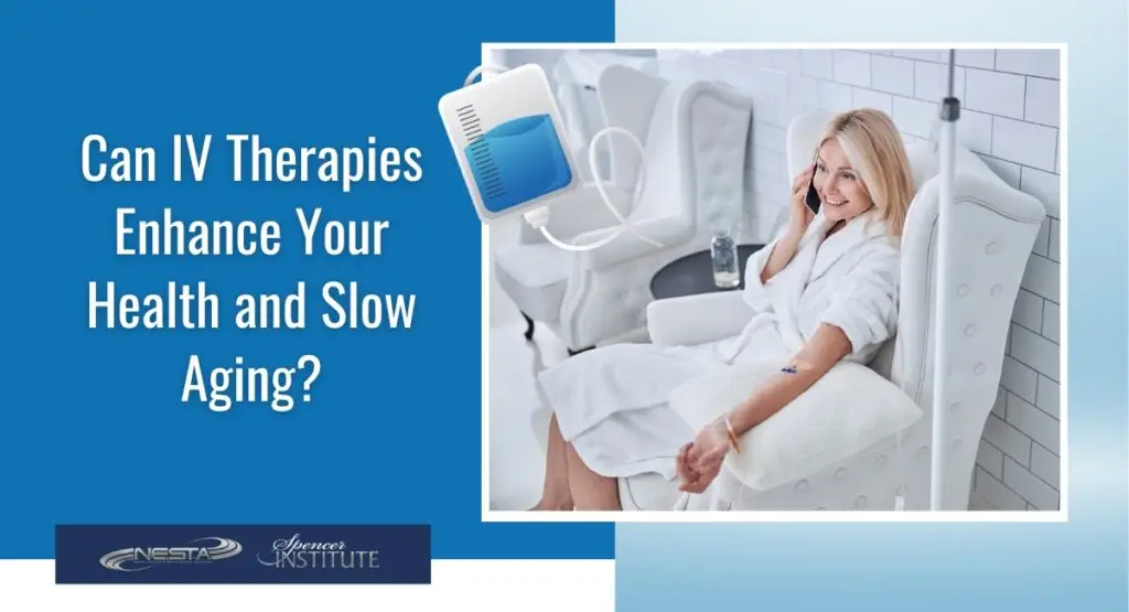 smiling middle aged woman receiving iv therapy while she talks on the phone